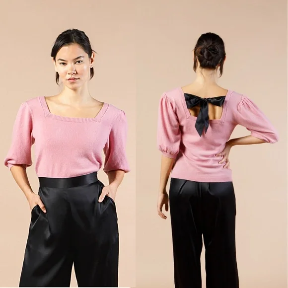Cashmere Puff Sleeve Top Square Neck, Pink Cashmere Sweater w Silk Bow S,M,L,XL - Picture 4 of 9